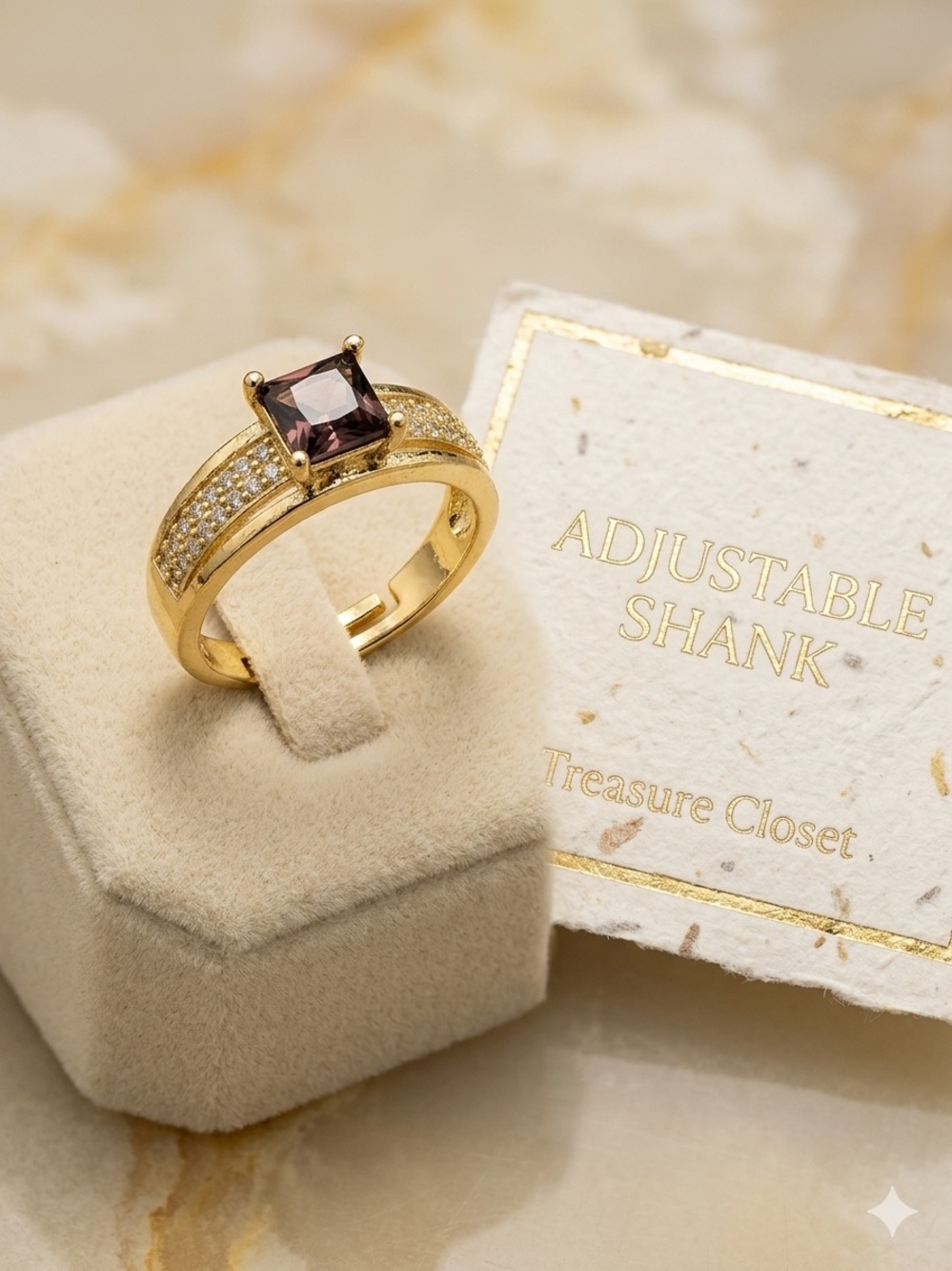 Gold Band Ring with Purple Square Center Stone - Adjustable